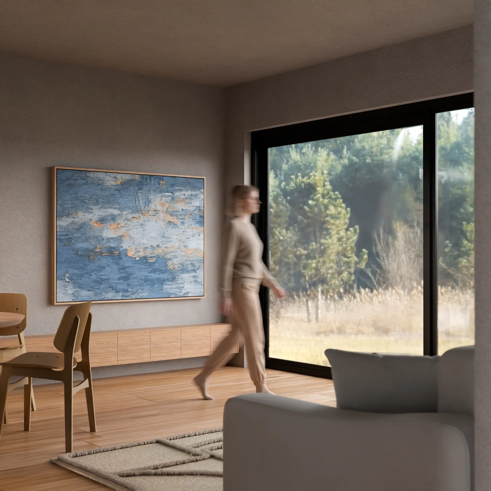 Salon z kominkiem w domu modułowym Wooden